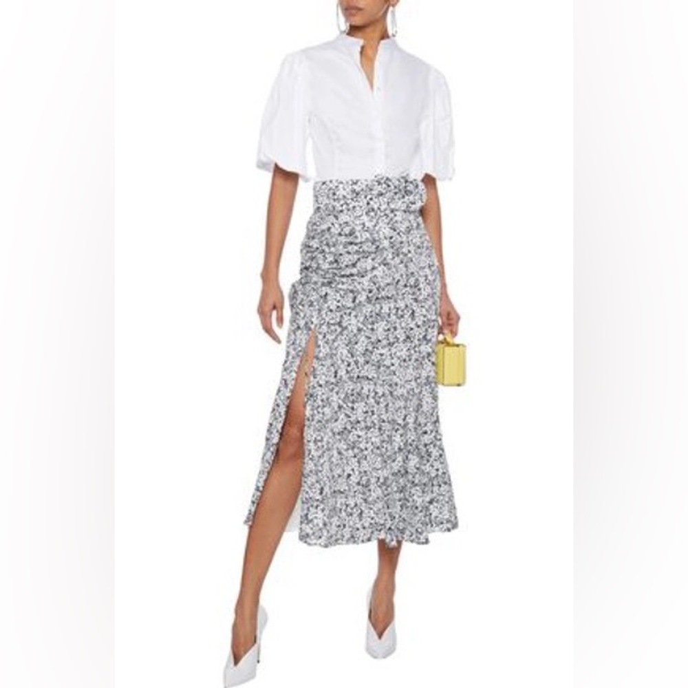 NICHOLAS Belted Ruched Floral-print Crepe Midi Skirt In Navy, size 0, NWT